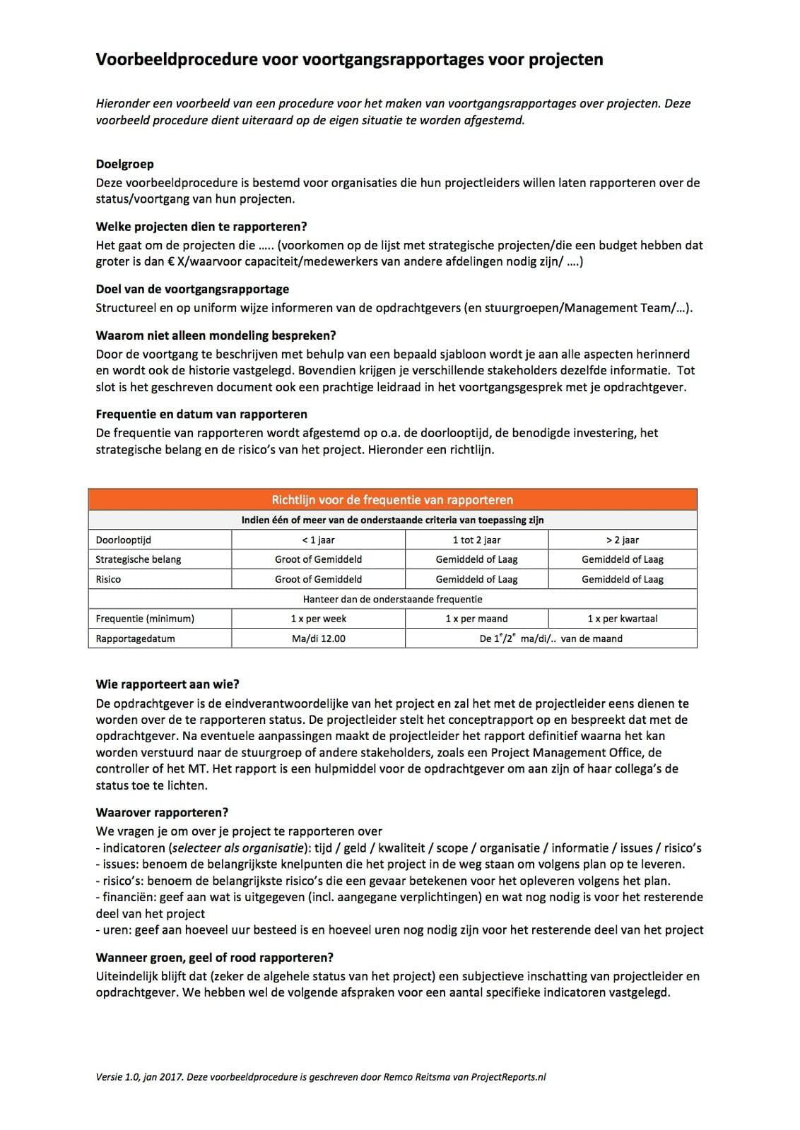 Voorbeeldprocedure voortgangsrapportages